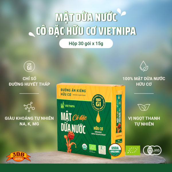 Mật Dừa Nước Cô Đặc Hữu Cơ VIETNIPA - Hộp 30 gói